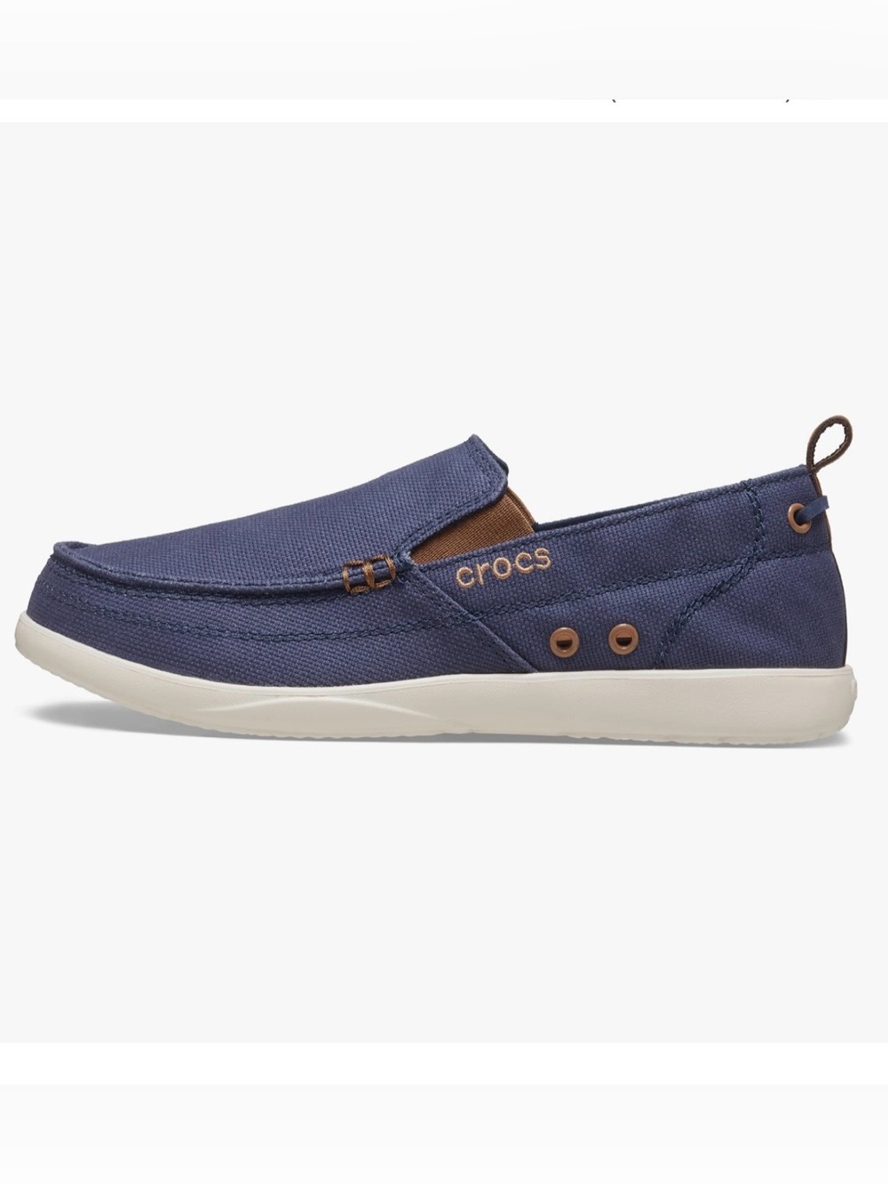 CROCS Men’s Walu Navy and Brown Canvas Slip-On Loafer - Picture 1 of 8
